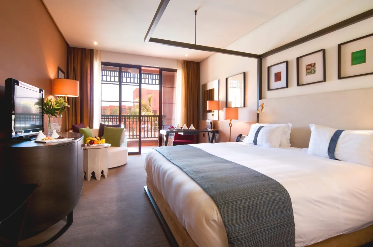 Golf view bedroom at Pickalbatros Hotel du Golf Marrakech Palmeraie Morocco. Golf Planet Holidays.