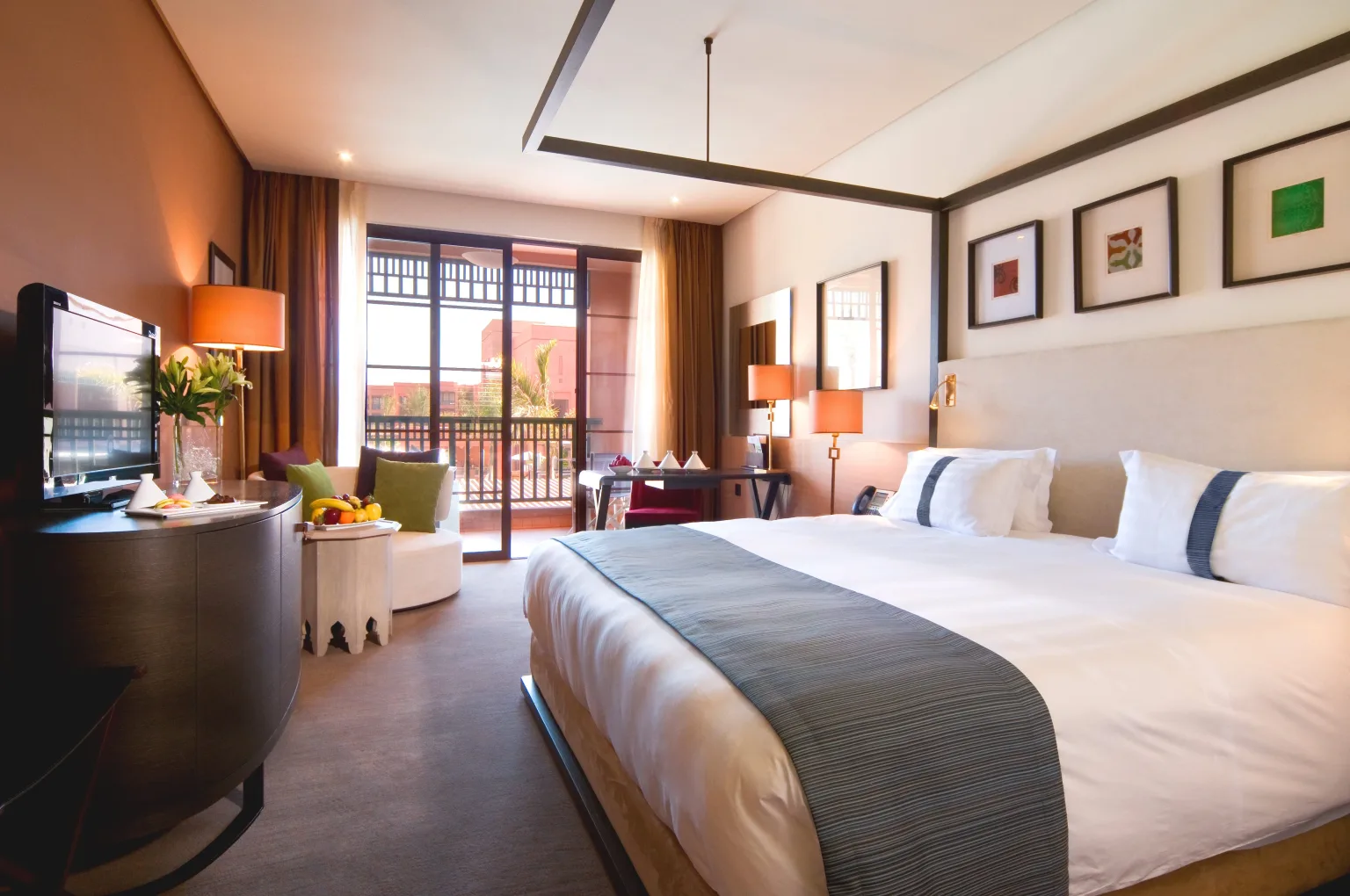 Golf view bedroom at Pickalbatros Hotel du Golf Marrakech Palmeraie Morocco. Golf Planet Holidays.
