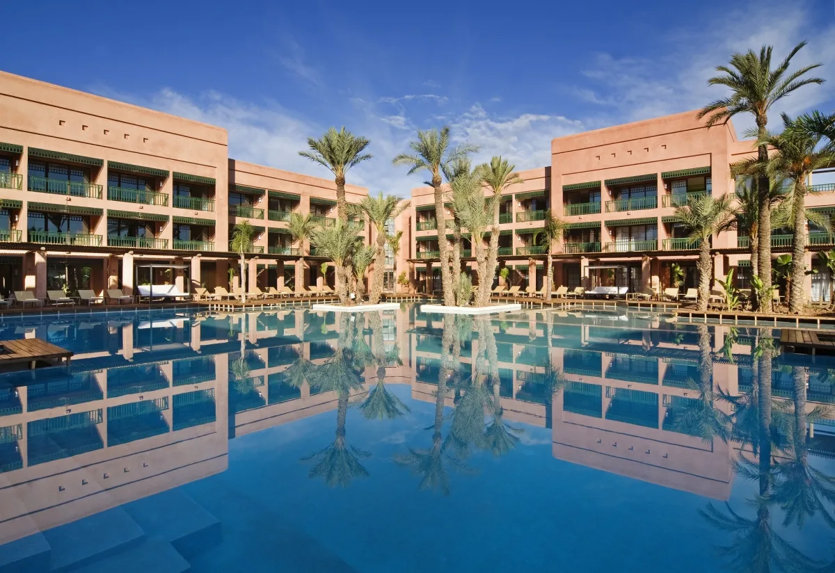 The stunning outdoor pool at Pickalbatros Hotel du Golf Marrakech Palmeraie Morocco. Golf Planet Holidays.