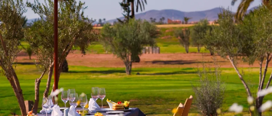 Al fresco lunch at Pickalbatros Hotel du Golf Marrakech Palmeraie Morocco. Golf Planet Holidays.