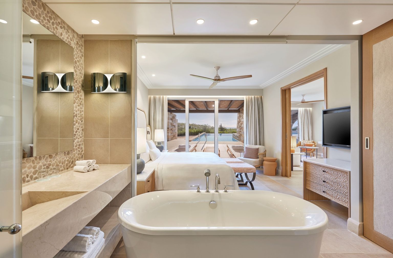 The bedroom of a Premium Infinity Suite at The Westin Resort Costa Navarino, Greece
