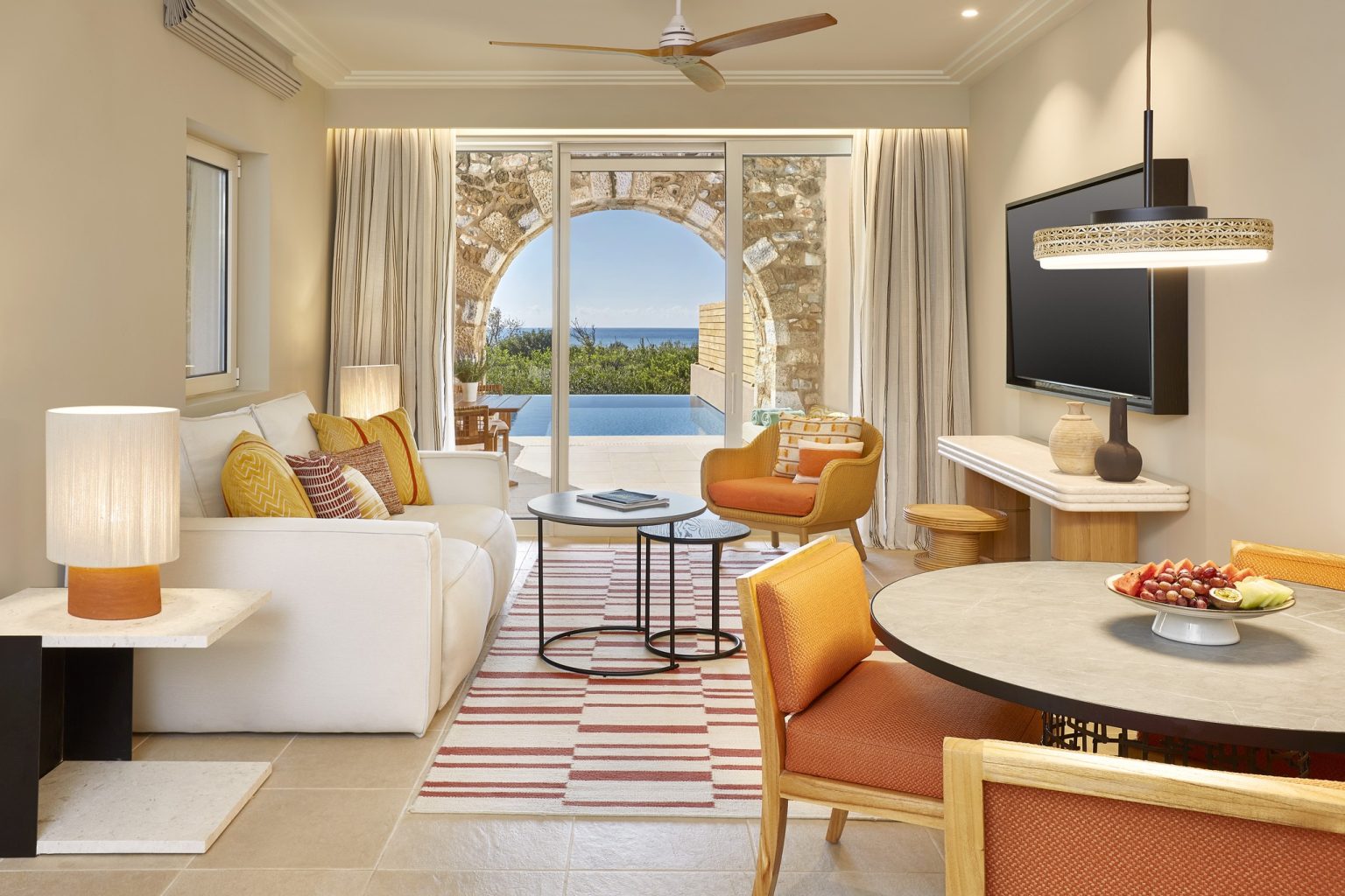 The living room of a Premium Infinity Suite at The Westin Resort Costa Navarino, Greece
