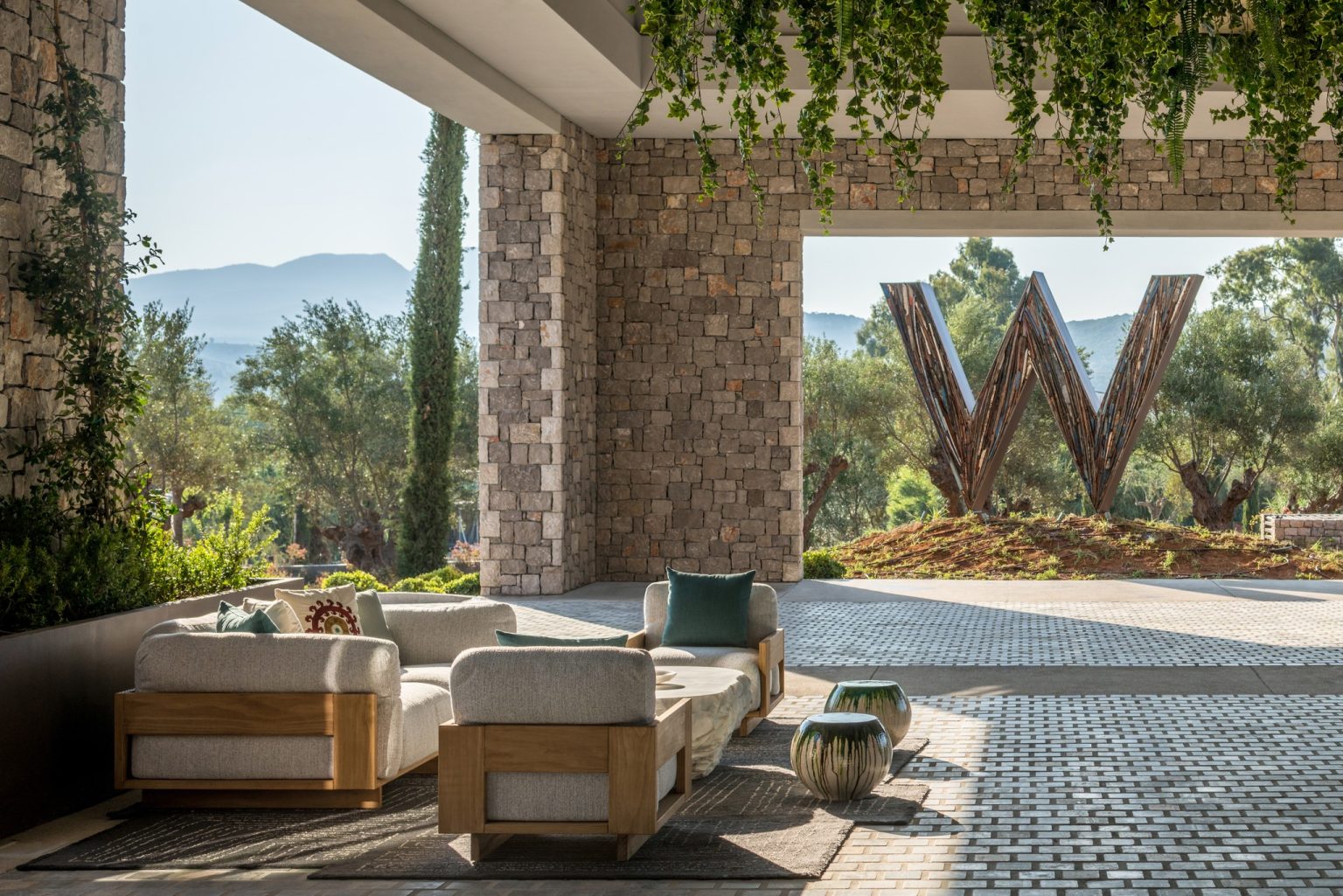 The arrival and Agora entrance at W Costa Navarino, Greece
