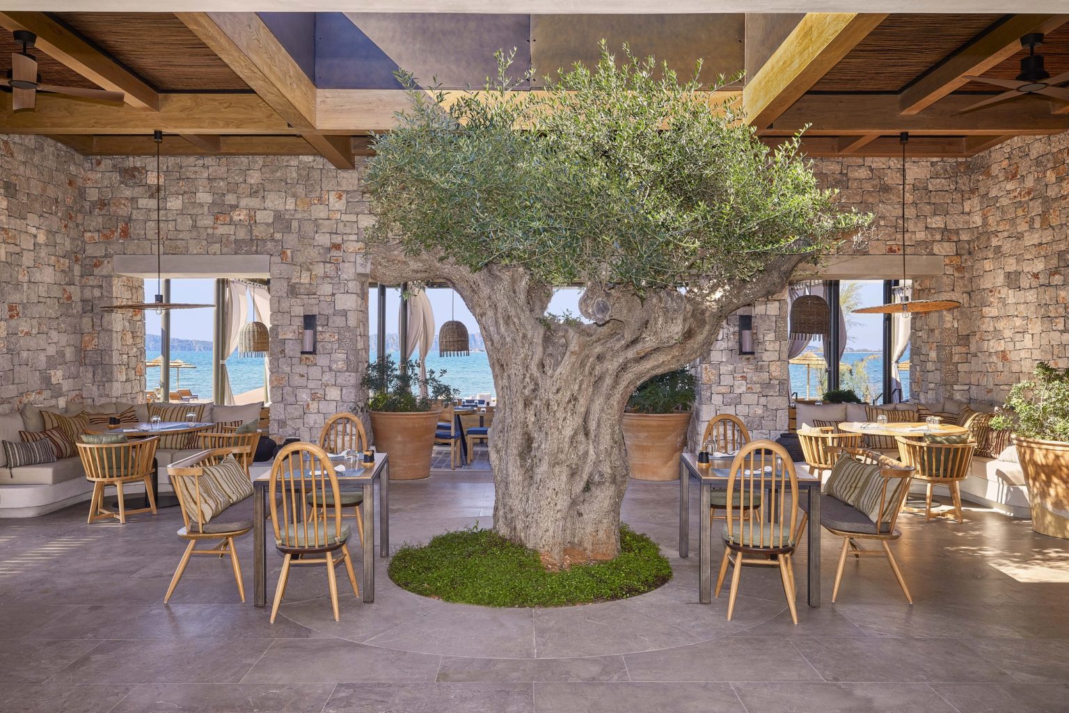 Parélia Beach Club on the sand at W Costa Navarino, Greece