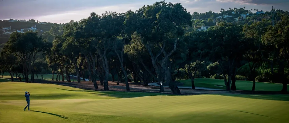 Careful chip on at the San Roque Club, Costa del Sol, Spain. Golf Planet Holidays.