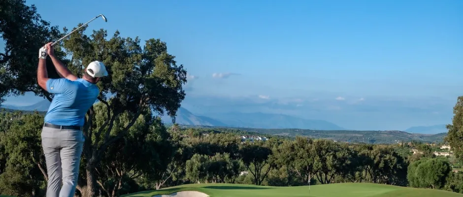 Down to the first hole at the San Roque Club, Costa del Sol, Spain. Golf Planet Holidays.