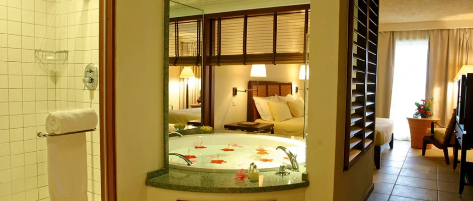 Ensuite bathroom at Belle Mare Plage, Mauritius. Golf Planet Holidays