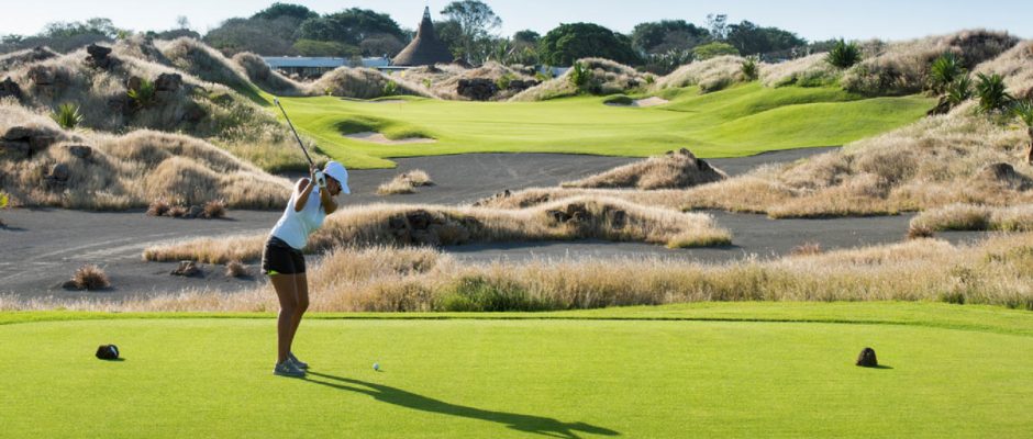 On the tee at Mont Choisy Golf in the north of Mauritius. Golf Planet Holidays.