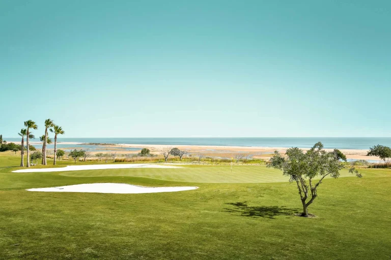 View over the golf course and the Ria Formosa from Robinson Ria Hotel, Tavira, Algarve, Portugal. Golf Planet Holidays.